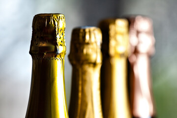 Bottles of champagne on a table. High quality photo.