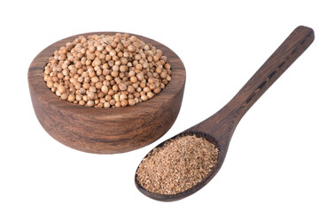Coriander grains and coriander powder isolated on white background.
Coriander seeds. Coriander spice.