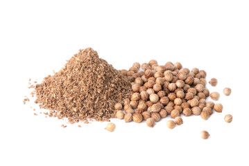 Coriander grains and coriander powder isolated on white background.
Coriander seeds. Coriander spice.