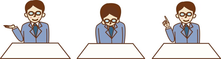 スーツを着て案内をする笑顔の男性のセットイラスト。