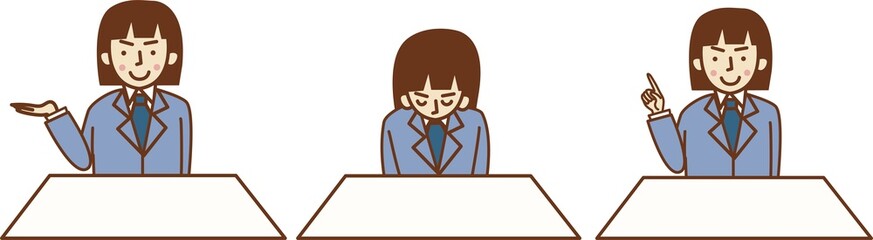 スーツを着て案内をする笑顔の女性のセットイラスト。