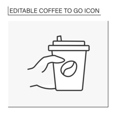 Hot drink line icon. Fragrant morning coffee in paper cup on hand. Delivery hand by hand.Coffee to go concept. Isolated vector illustration. Editable stroke