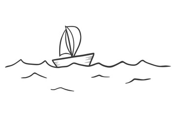A sailboat sails through the waves in the sea. Simple art line design. Ship in the ocean. Vector illustration. Adventure travel. The concept of striving to overcome obstacles.