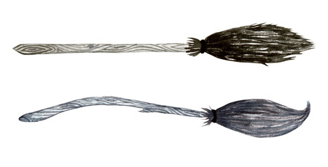 Watercolor witch broomsticks set, brooms in dark colors isolated on white background.