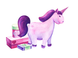 Hand painted watercolor illustration. Little girl's presents. purple unicorn pony mane tail hooves. Сartoon animal toy.  Bright gift boxes bows. pink red, green. Drawing on white paper background