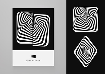 Abstract striped design element. Square cut in two. Optical art. 3d vector illustration for brochure, magazine, poster, flyer and banner.  Сan be used as design element, emblem or icon.