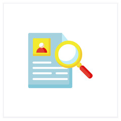 Search job resume flat icon. Recruitment process. Employee finding. Personal recruitment information. Job search, employment, career growth concept. Color vector illustration