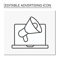 Advertisement line icon. Promote products for selling by laptop. Business concept. Isolated vector illustration. Editable stroke