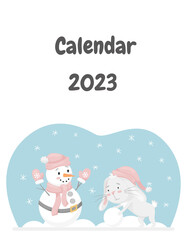 The cover of the calendar for 2023 with a cute rabbit, the Chinese symbol of the year. Rabbit rolls a snowball,makes a snowman. Winter fun activity. Childrens vector illustration on a white background