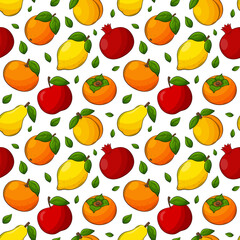 Bright juicy summer fruit seamless pattern. Hand-drawn fruit with an outline. For summer textiles, food packaging, napkins. Color vector illustration on a white background.