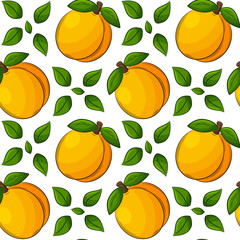Bright juicy summer fruit seamless pattern. Hand-drawn fruit with an outline.Apricots, peaches with leaves. For summer textiles, food packaging, napkins.Color vector illustration on a white background