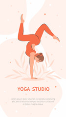 Yoga studio. Woman practicing yoga. Vector illustration.