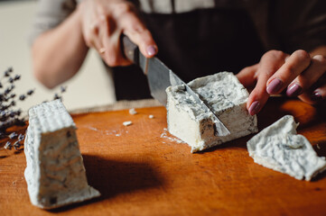 Cheesemaker cuts french soft cheese with blue mold, closeup. A piece of Valencay cheese on a knife.