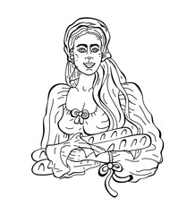 
Girl holding a baguette. Vector graphics. Bakery illustrations. Girl holds bread. Engraving style. 
