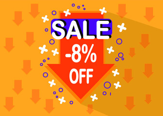 8% sale discount. Arrow icon with price drop for sales and special promotion in orange and white color.