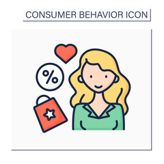Purchase color icon. Woman shopping. Mindful shopping. Discount lover. Consumer behavior concept. Isolated vector illustration 