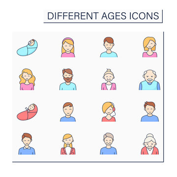 Different ages color icons set. Generations. Newborn, teenagers, adulthood and retirement. Life cycle concept. Isolated vector illustrations