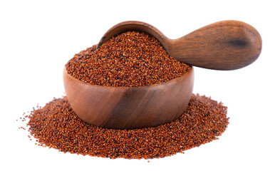 Canihua grains isolated on white background. Pile of qaniwa in wooden bowl and spoon. Dry grains of chenopodium pallidicaule.