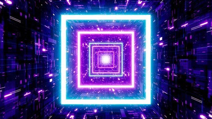 glowing neon square light tunnel 3d rendering