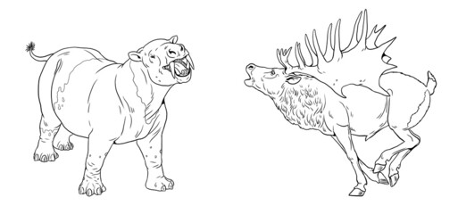 Prehistoric animals - coryphodon and gigantic deer megaloceros. Drawing with extinct animals. Template for coloring book.

