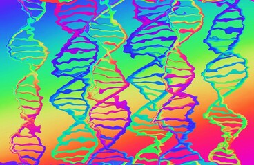 Rainbow deformed DNA molecules structure. Science and Technology concept, vivid scientific background, 3d rendered