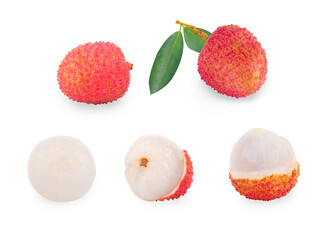 Lychee with leaves isolated on white background. Tropical fruit