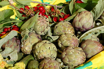 Fototapeta premium Close up of artichokes for sale in a greengrocer