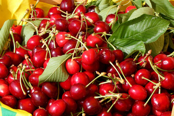 Close up of a basket full of cherries