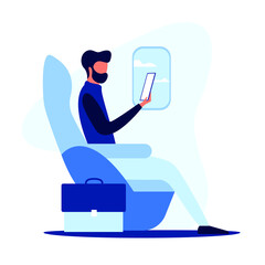 Passenger man character sitting in chair and relax in business class using smartphone. Vector flat cartoon illustration