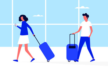 Family in the airport terminal with luggage. Passengers and travel vector cartoon flat concept illustration.