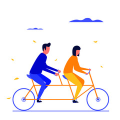 Young woman and man ride the bike in the autumn park. Flat vector illustration