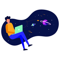 A man works at a laptop in which space. Web development business concept. Creativity, programming, creation of new websites and applications. Flat vector illustration.