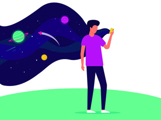 Boy holding a smartphone in which space. Web development business concept. The user uses a new application. Flat vector illustration.