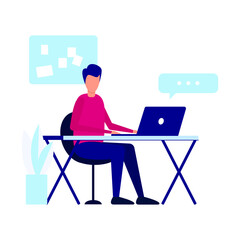 Cartoon vector illustration of man working on computer.