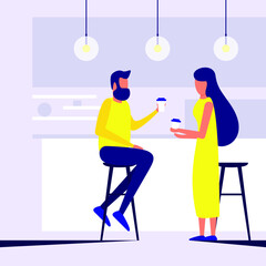 Young Couple - Man and Woman Drink Coffee and have a Bite to Eat in Cafeteria or Restaurant Lounge. People Relax during Lunch or Coffee Time in Outdoor Cafe. Vector Flat Cartoon Illustration Isolated.