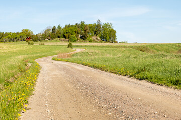 Country road in a typically Swedish farm landscape in spring