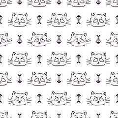 Vector seamless pattern with cat face and fish skeleton. Cute kid background.Doodle style. Design for textile,paper goods. Isolated on white background.