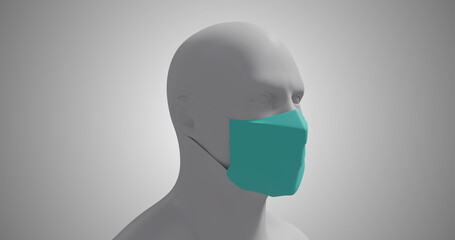 Image of a 3D human body model wearing a face mask on white background. 