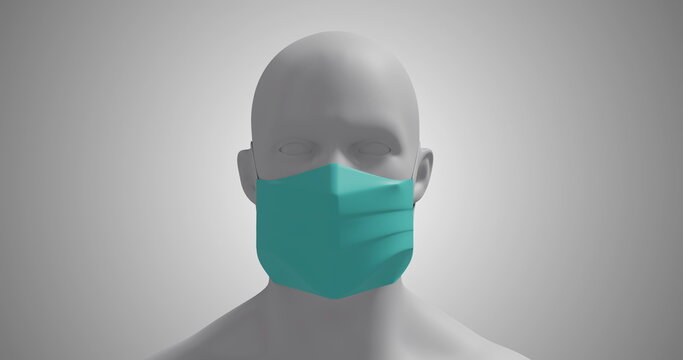 Image of a 3D human body model wearing a face mask on white background. 