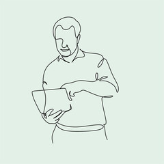 Line art illustration of business man. Work on computer. Calling by phone. Made deals . Social media.