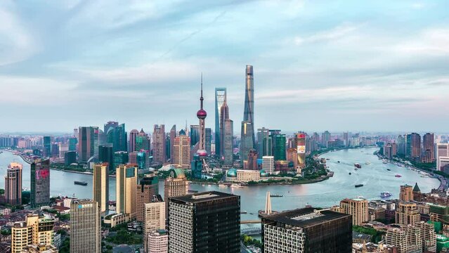 China Shanghai, Day to Night, Shanghai Skyline, TimeLapse.