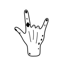 Doodle rock music gesture hand. Vector male hand. Isolated on white backround.