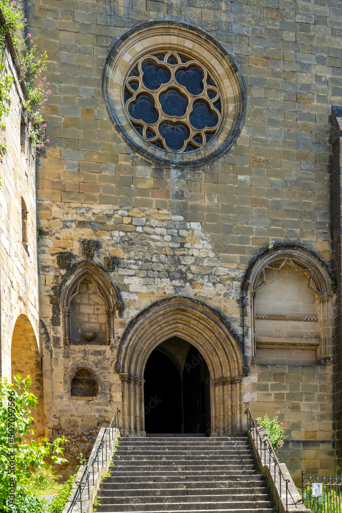 Sticker view of the catholic church of saint-cyprien in the dordogne valley in france