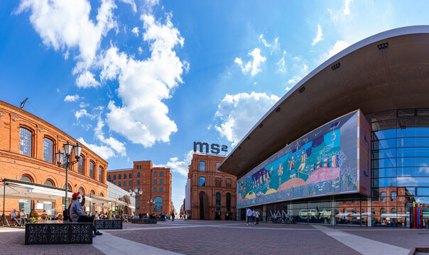Łódź, Poland - May 1, 2022: A picture of the Manufaktura Shopping Center and the MS2 Art Museum.