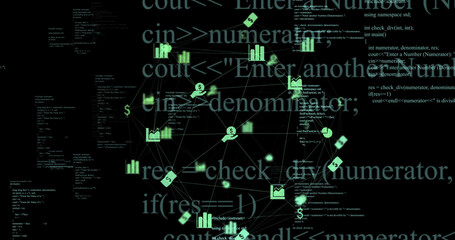 Image of data processing and business icons on black background