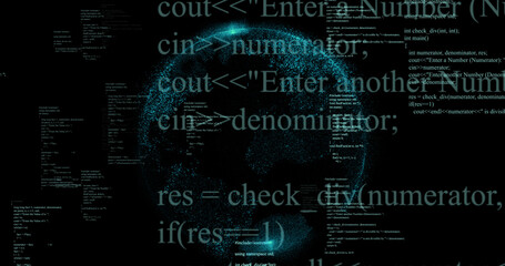 Image of data processing and globe on black background