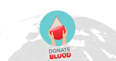Image of blood donation logo and text over world map