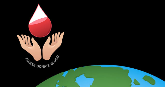Image of blood donation icon and text over globe