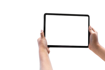 Human hand holding a smart phone black screen white Isolated on white background