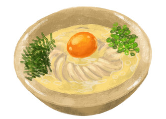Japanese food udon noodle soup egg yolk illustration hand painting
